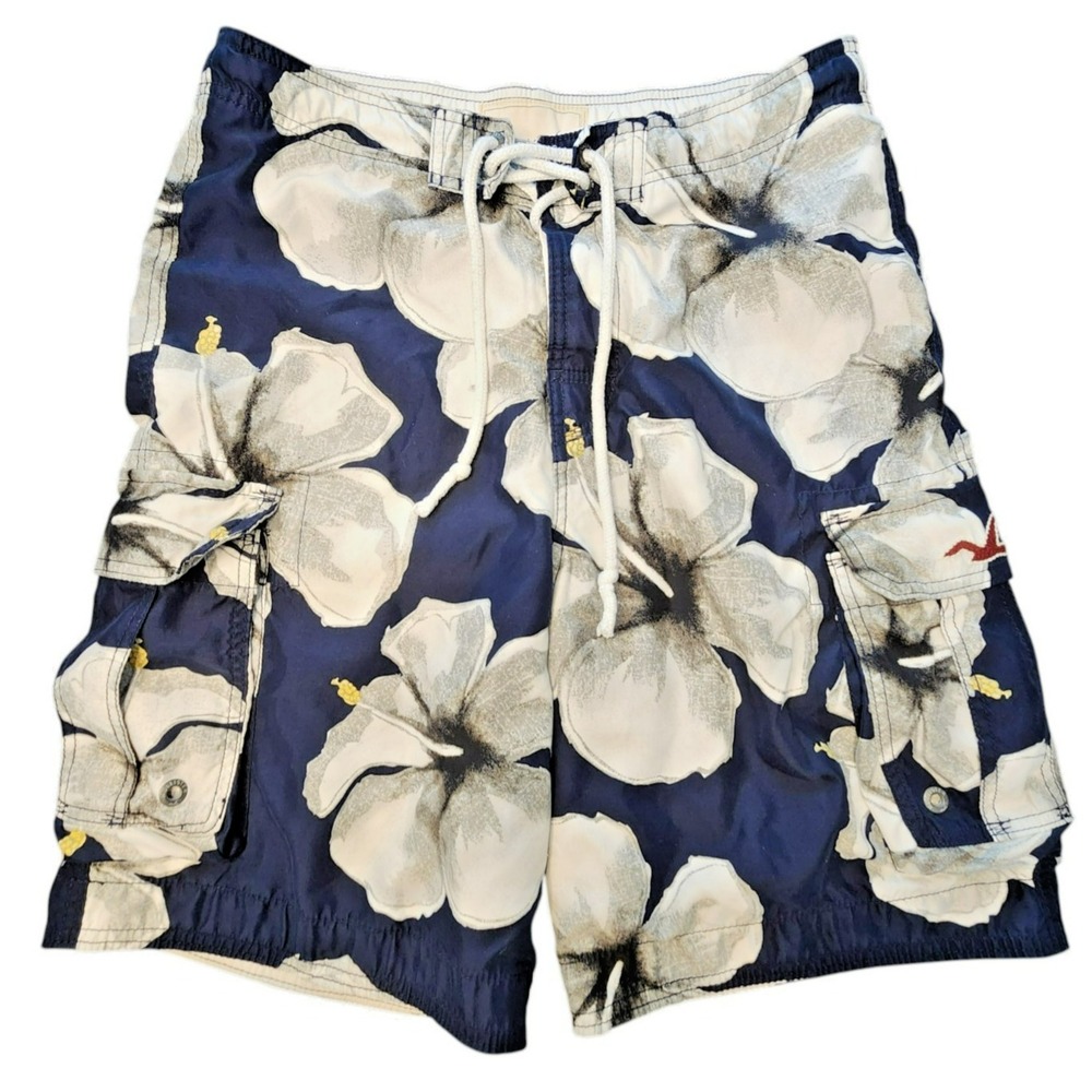 Hollister Mens Hibiscus Floral Board Shorts Navy Blue Cargo Swim Trunks‎ Size M